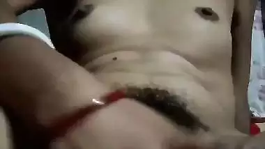 Slim girl hairy pussy fingering and licking wet fingers